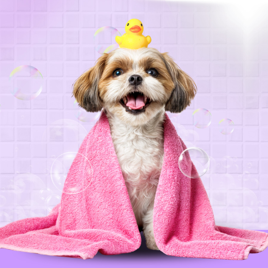Happy dog wrapped in a pink towel after a bath